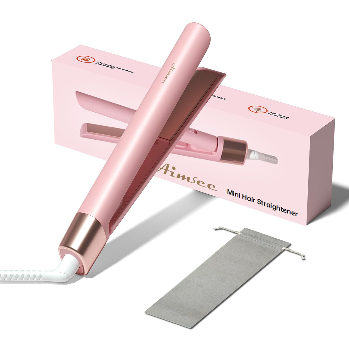 AIMSEE mini flat iron front view showing compact travel-ready design benefit