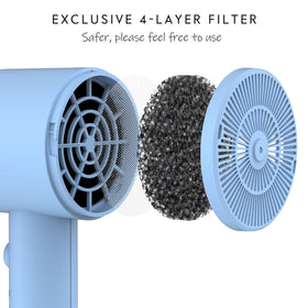 AINA hair dryer back filter detail illustrating 4-layer safety filter for cleaner airflow