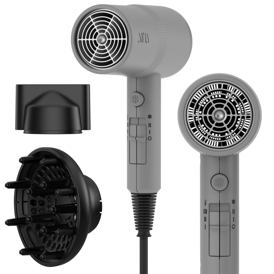 AINA hair dryer front view ash grey showing compact design and glossy finish