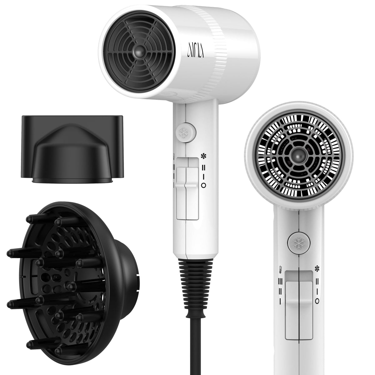 AINA hair dryer front view showing compact design and fast-dry benefit