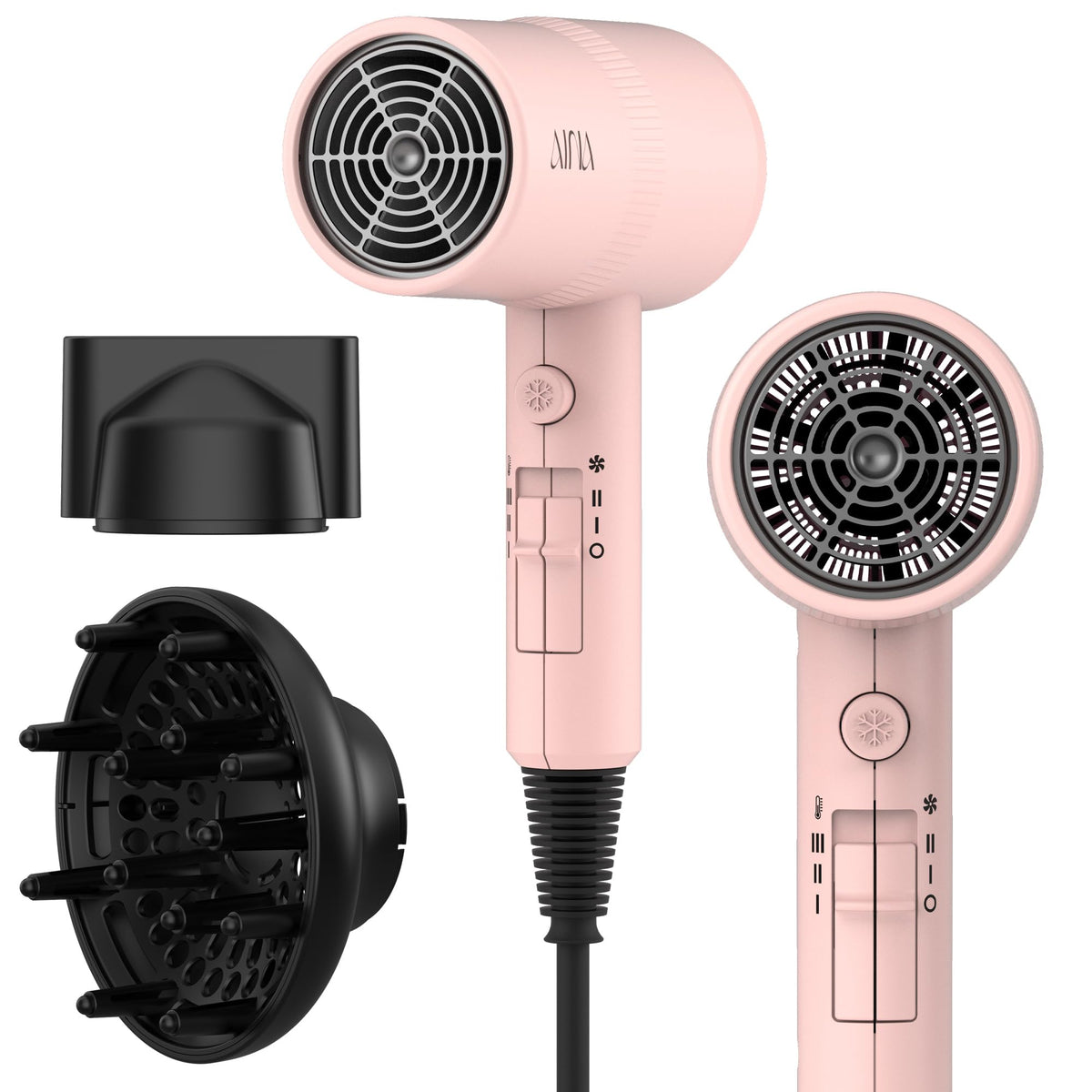 AINA hair dryer front view showing compact design and fast drying benefit