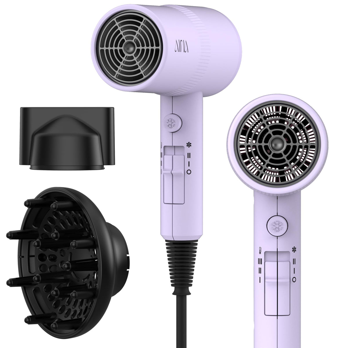 AINA front view of purple dryer showing controls and sleek design benefit fast styling