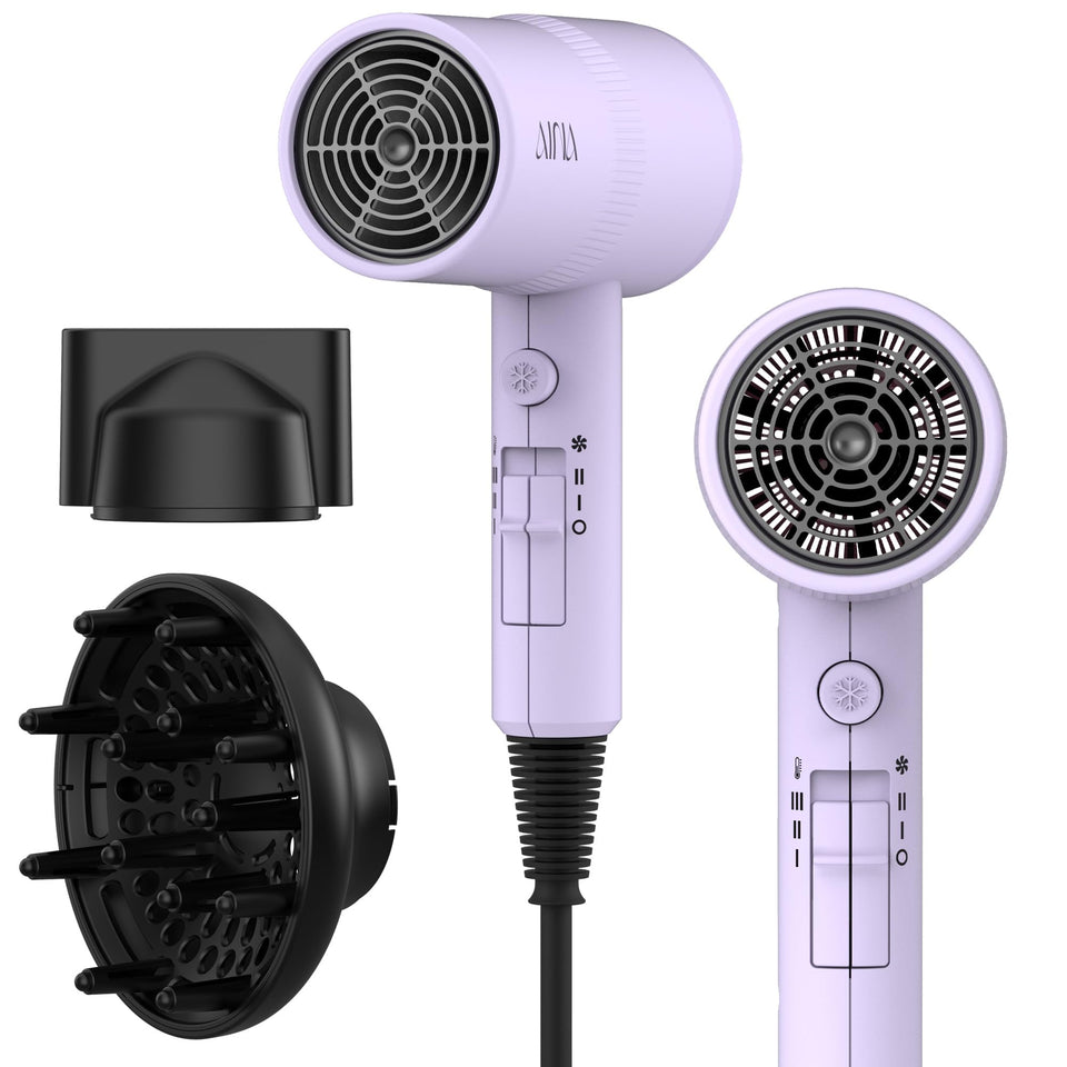 AINA front view of purple dryer showing controls and sleek design benefit fast styling