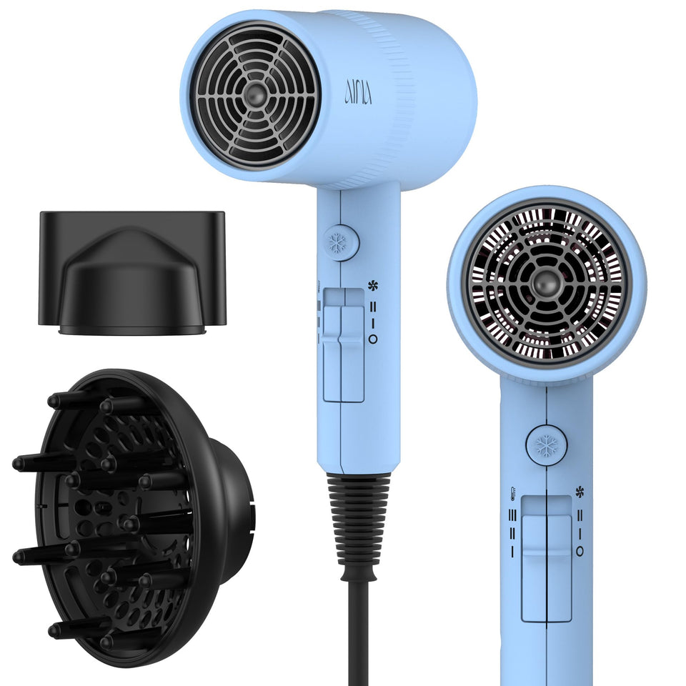 AINA hair dryer front view showing controls and baby blue finish for easy styling