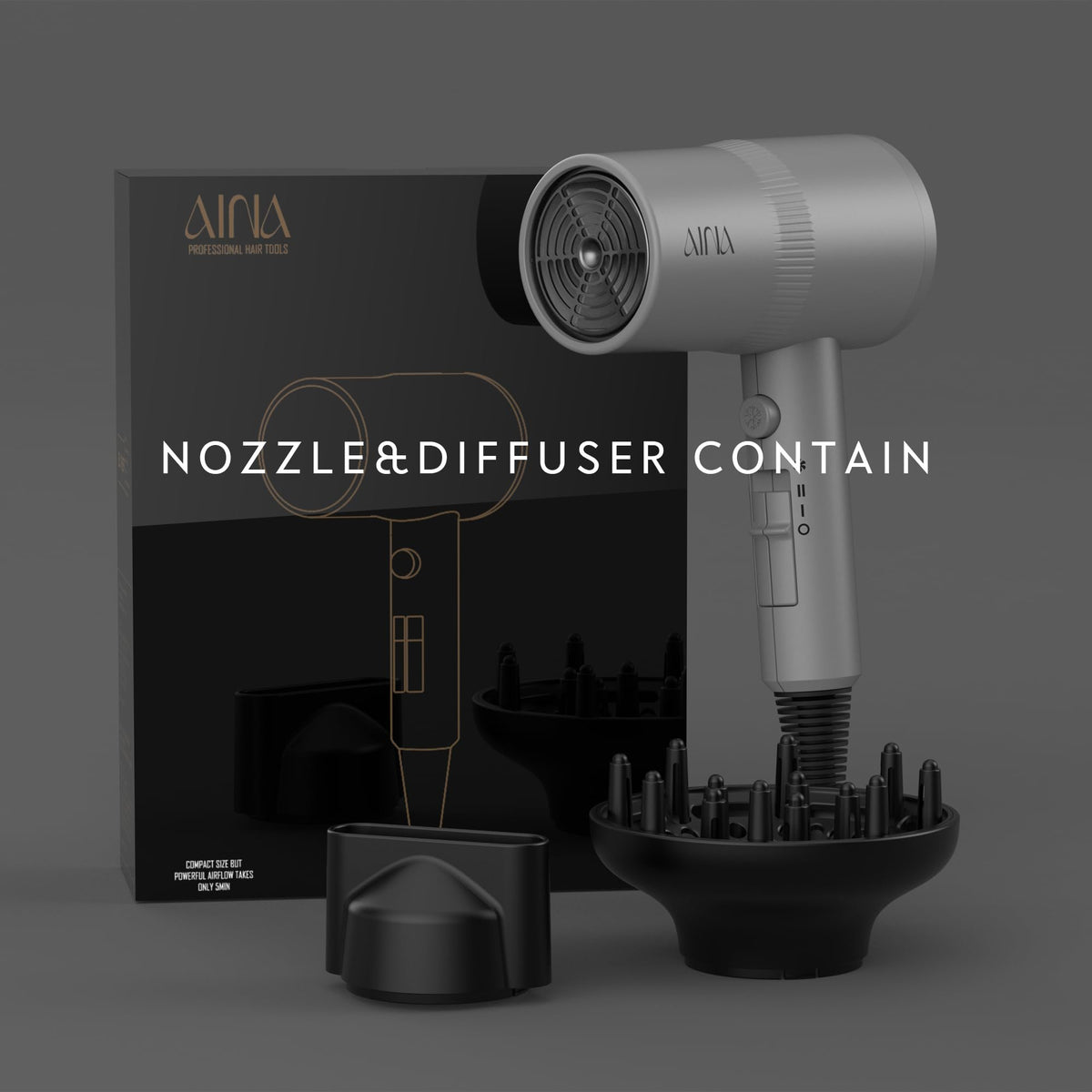 AINA hair dryer handle controls closeup for quick heat and speed adjustments
