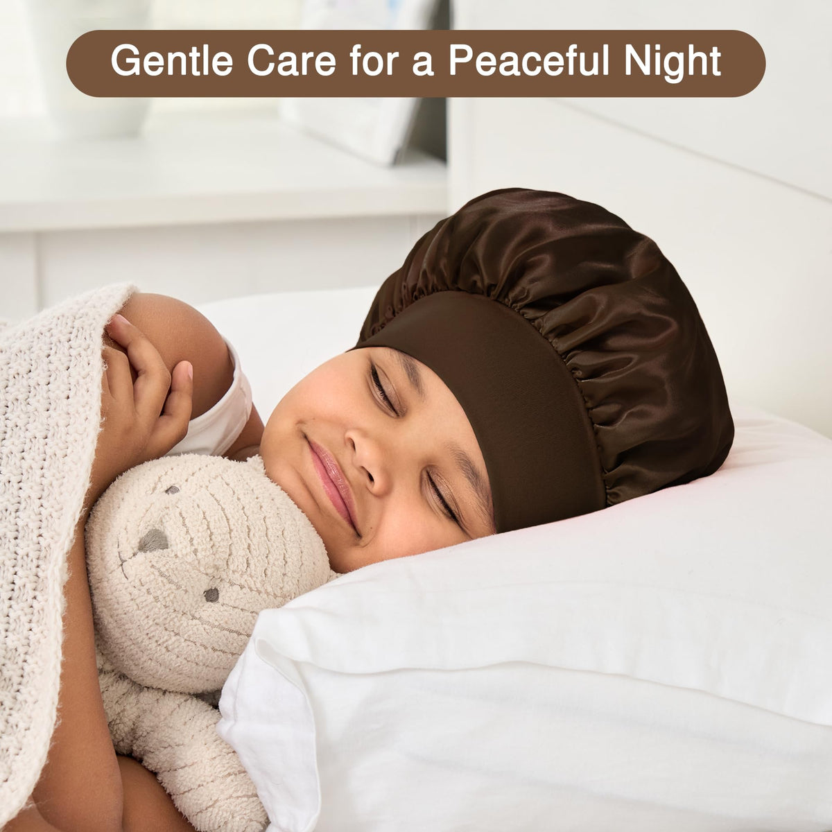 Aiphamy child wearing bonnet at night preserves curls and reduces frizz