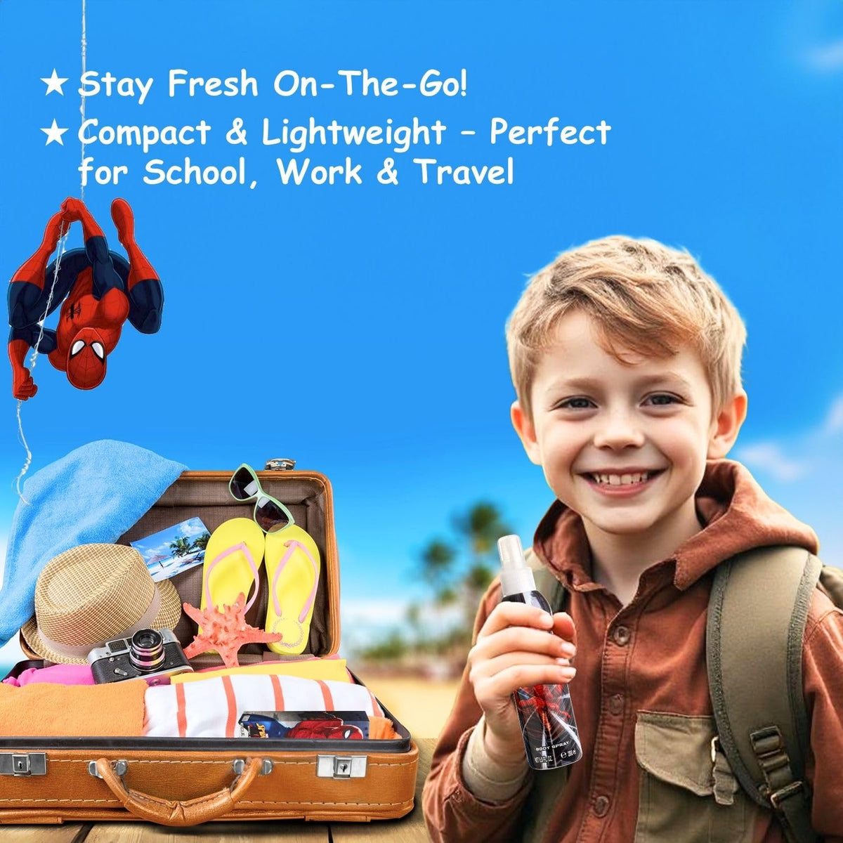 AIR-VAL INTERNATIONAL Spider-Man lifestyle image of child wearing cologne enjoying long-lasting freshness