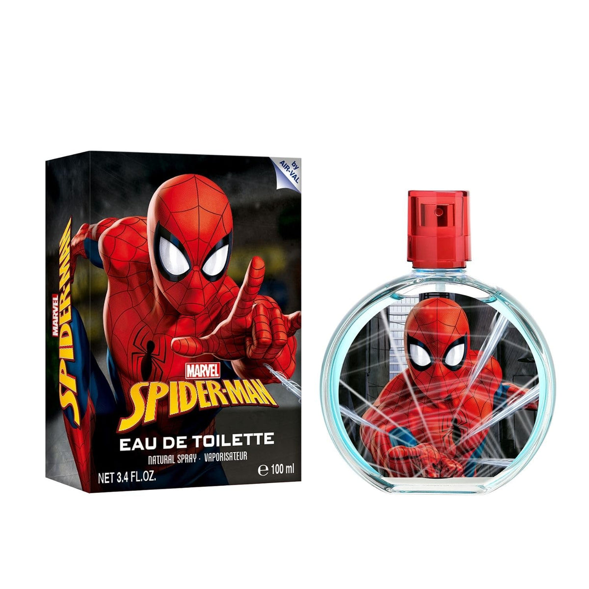 AIR-VAL Spiderman front packaging showing bottle and box, clear visual appeal