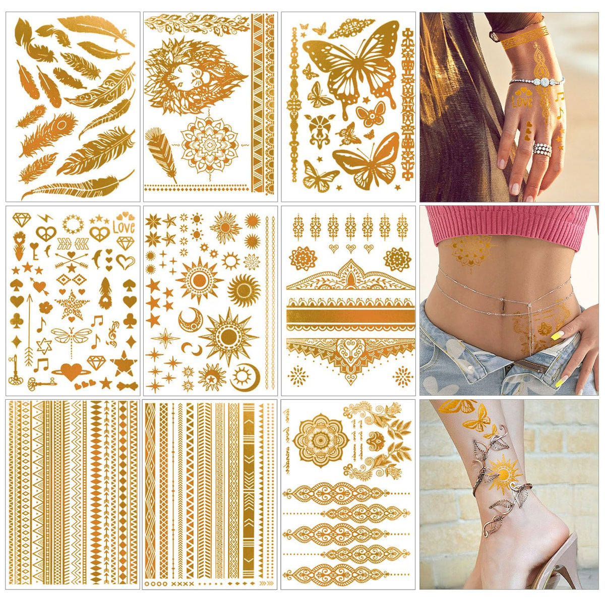 AIRNOGO front packaging showing 110 gold tattoo sheets and benefit of party-ready designs