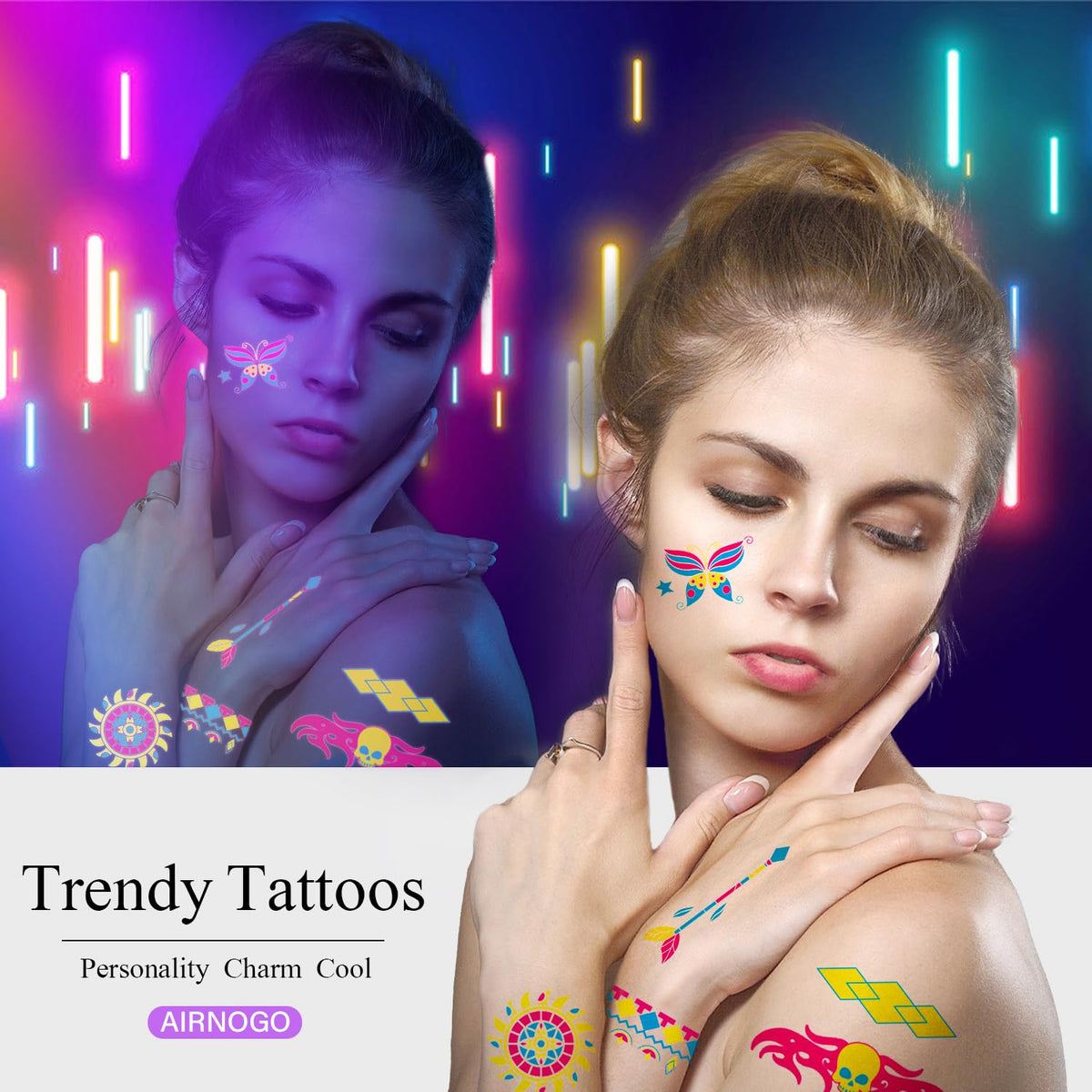 AIRNOGO tattoos glowing on festival attendee under blacklight for vivid visibility