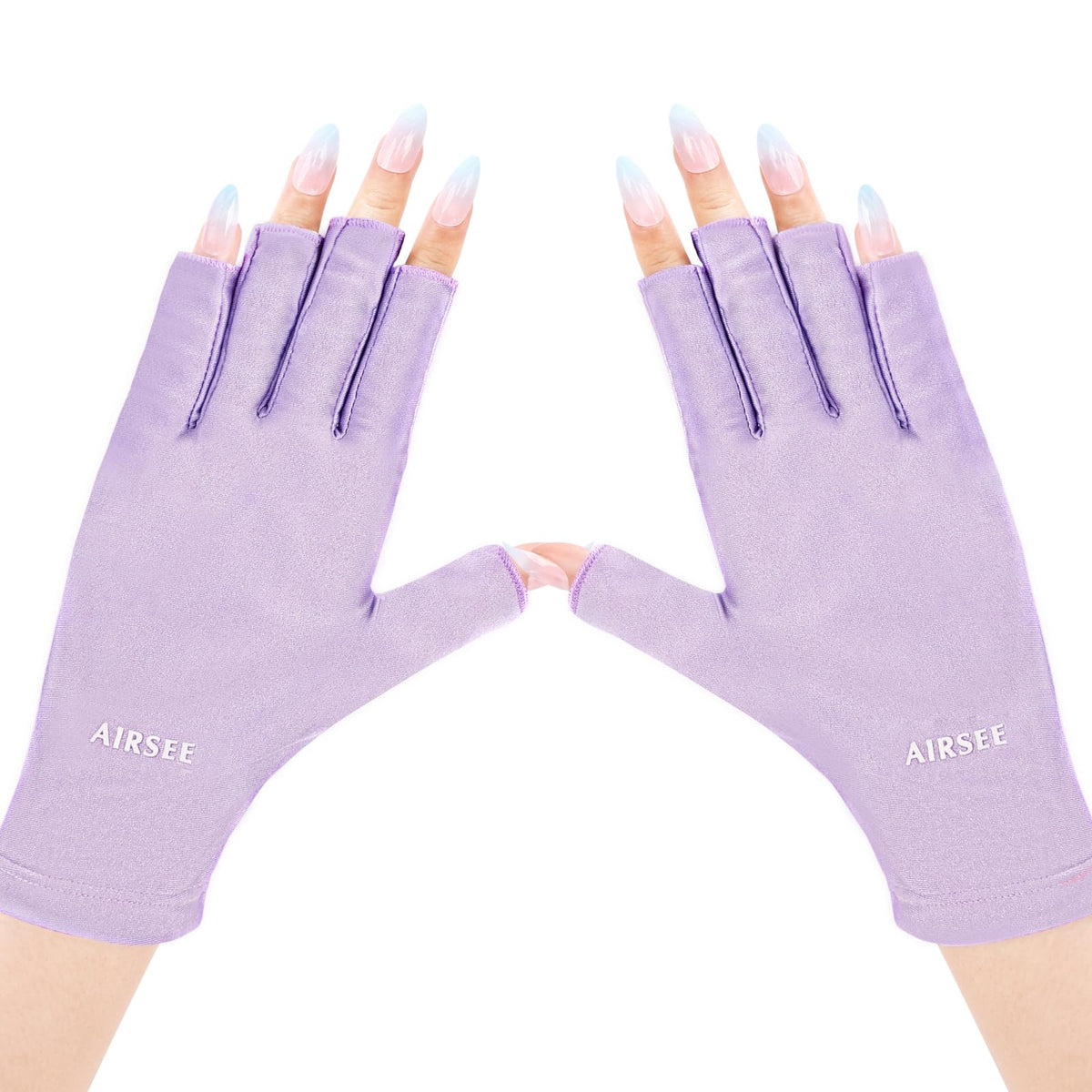AIRSEE purple gloves front packaging showing protection and UPF benefit