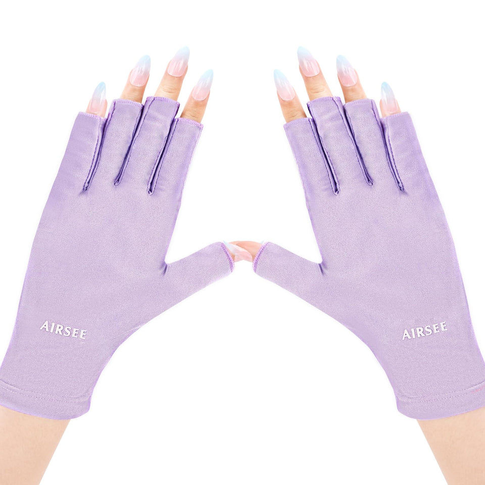AIRSEE purple gloves front packaging showing protection and UPF benefit