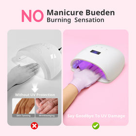 AIRSEE gloves worn under LED nail lamp demonstrating UV protection