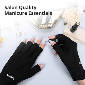 AIRSEE gloves worn under a nail lamp demonstrating UV protection