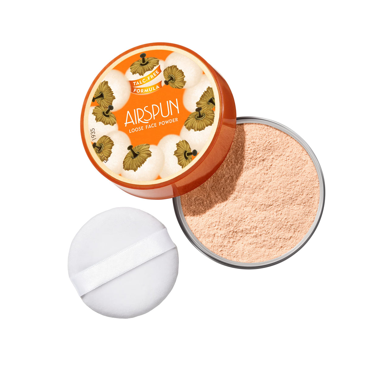 Airspun loose powder open lid displaying the airy powder and scoop for easy application