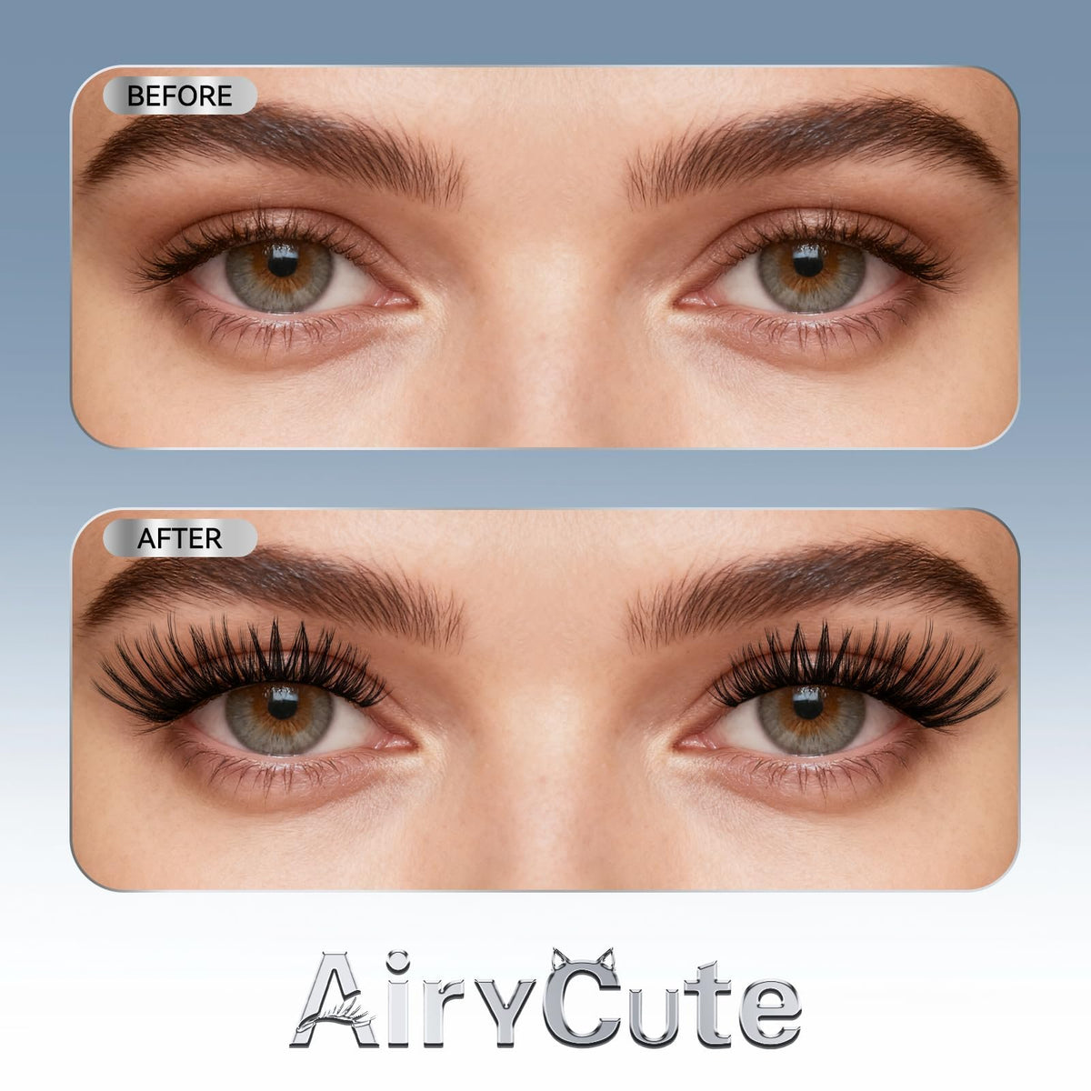AiryCute before and after lashes demonstrating dramatic lift benefit