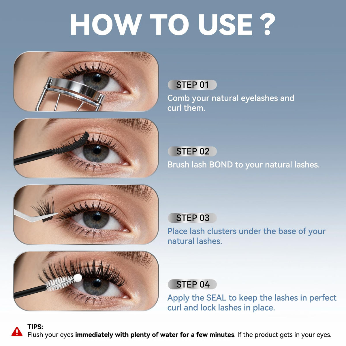 Clear-drying finish on lashes after AiryCute Seal application, shows no visible residue benefit