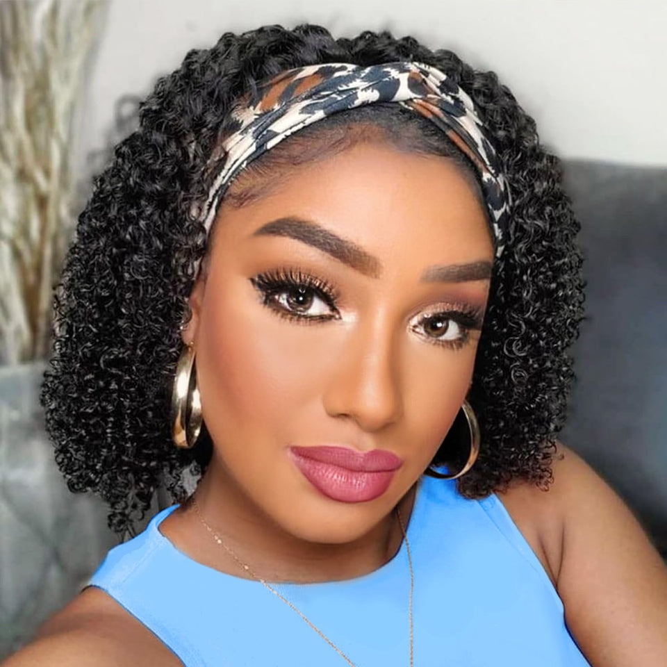 AISI QUEENS front view of curly headband wig showing natural hairline and volume
