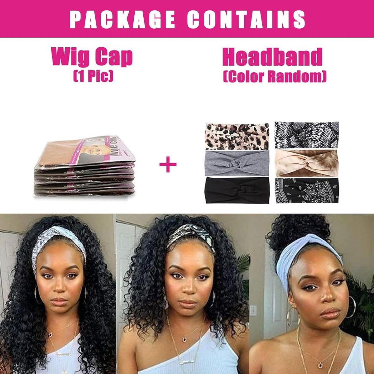 AISI QUEENS box contents with headband and wig cap for ready-to-wear convenience