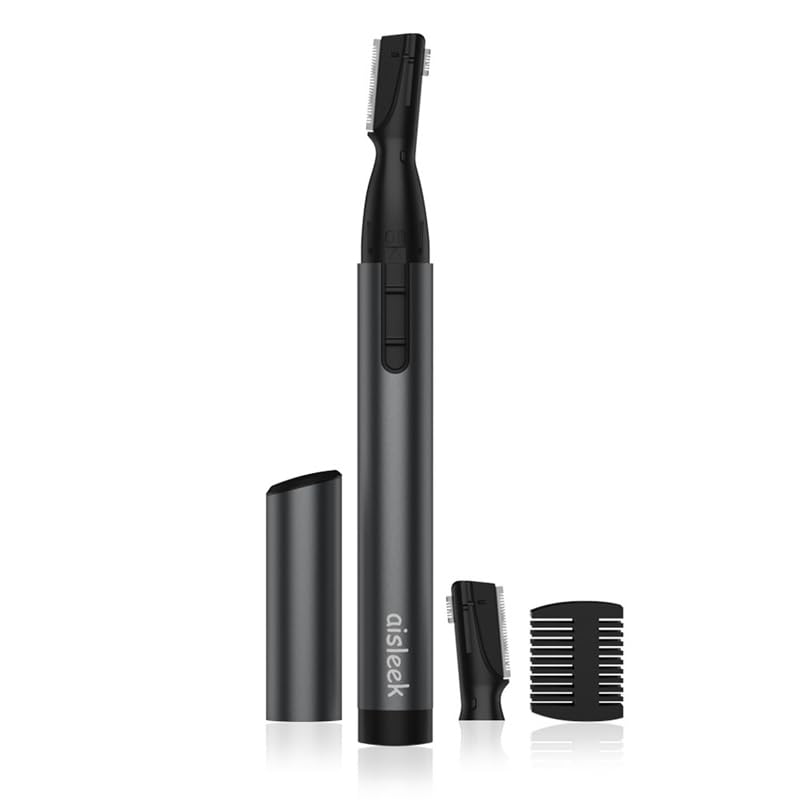 aisleek front packaging showing compact precision trimmer and branding benefits