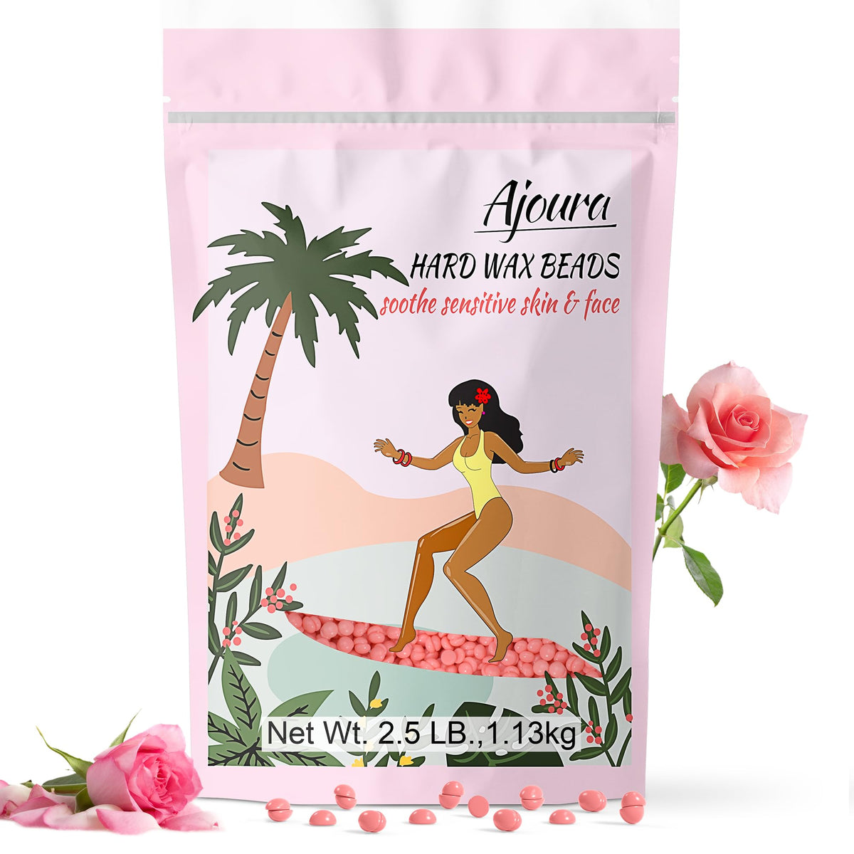 Ajoura front bag packaging showing 2.5 lb supply and rose scent benefits