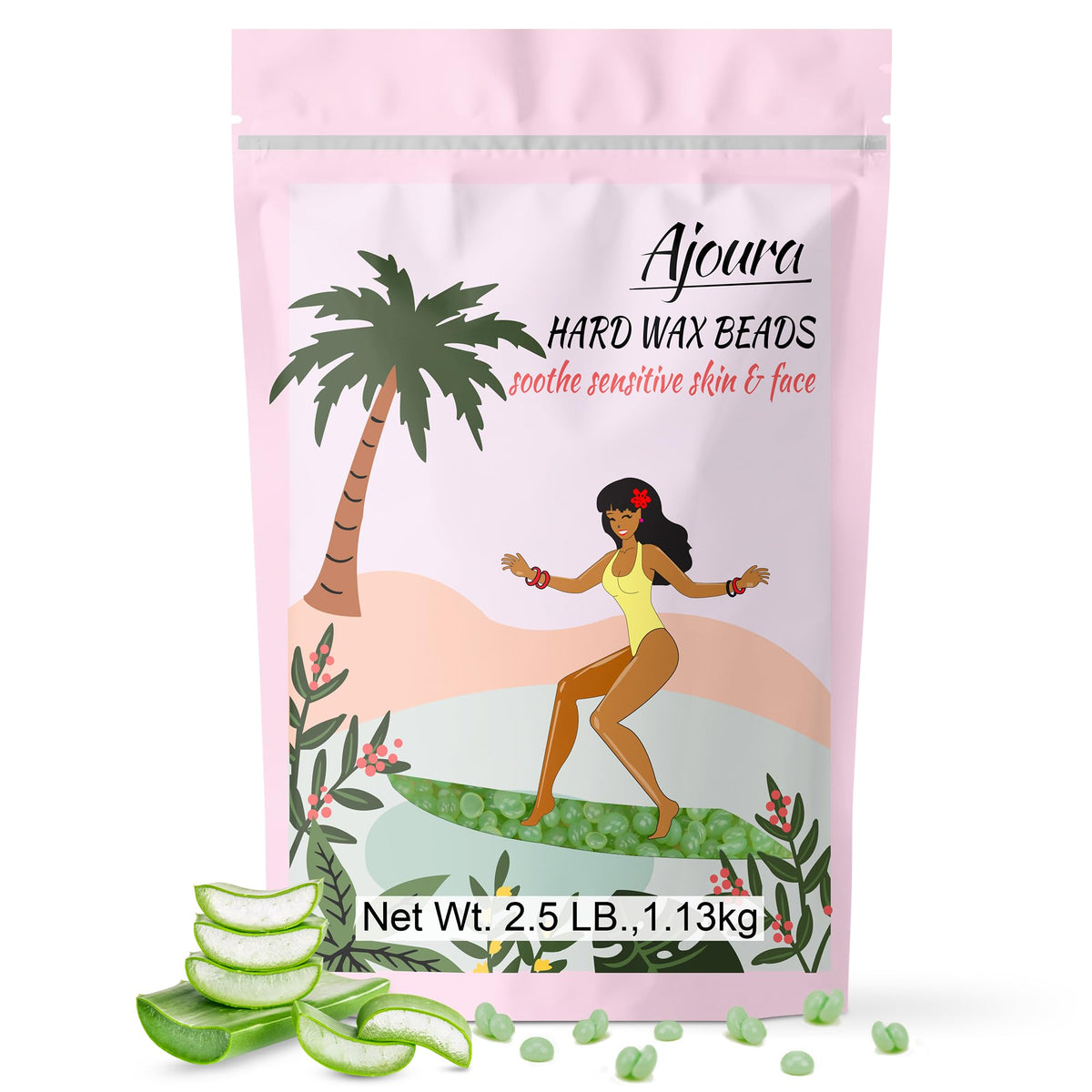 Ajoura front jar packaging showing brand and green wax beads for easy identification