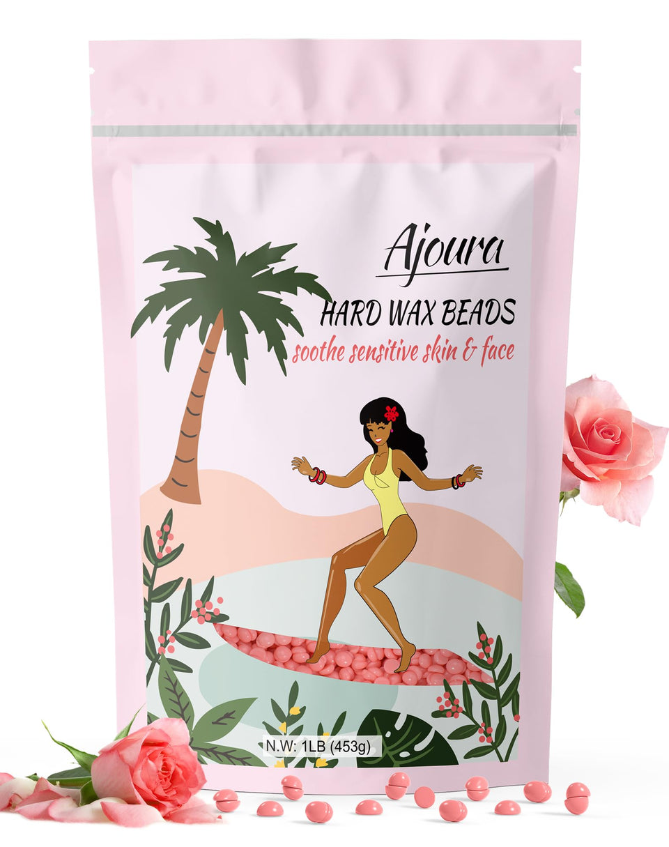 Ajoura front packaging showing 1lb rose wax beads and clear product benefit