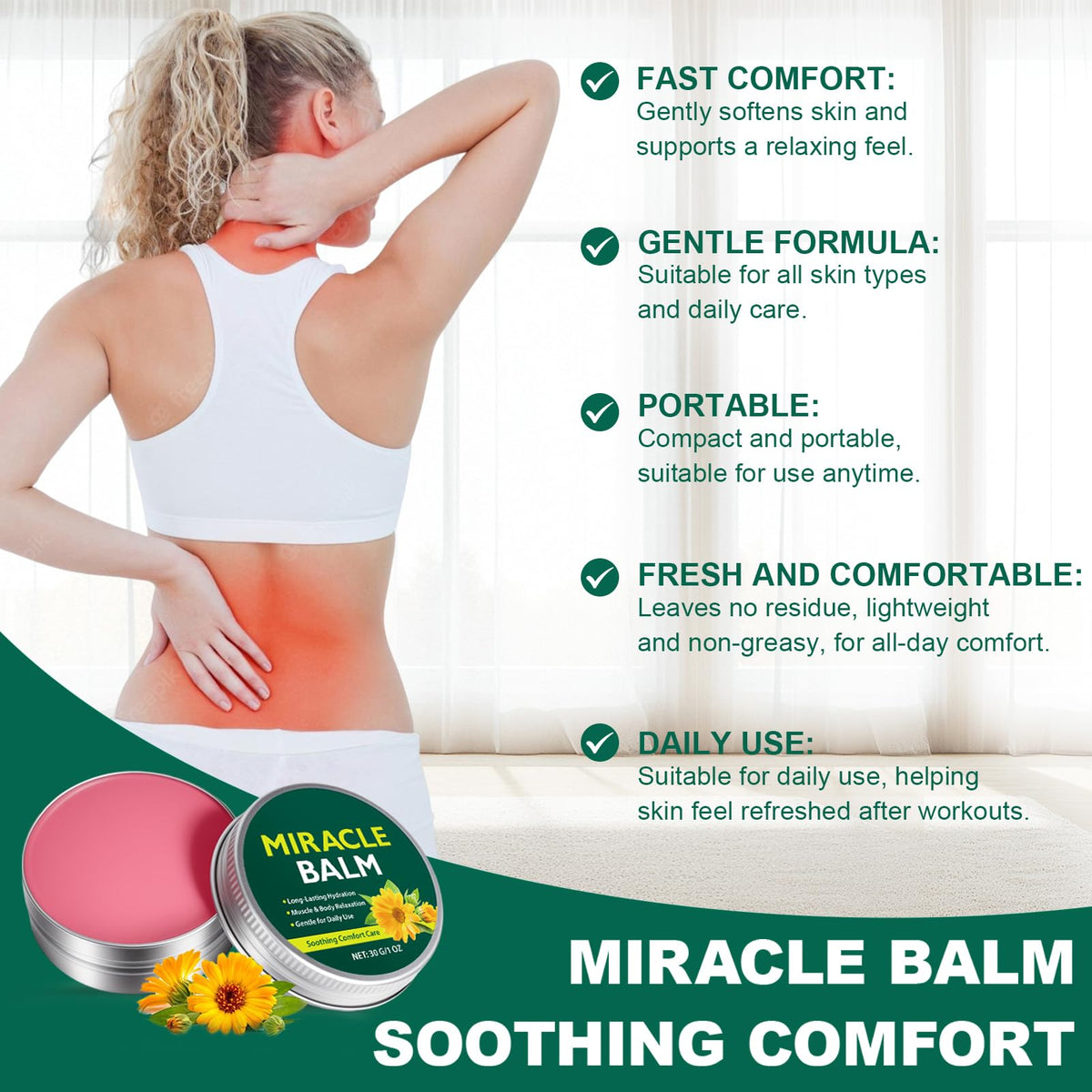 Akeeronn Miracle Balm label close-up listing Arnica, Calendula, and Vitamin E benefits