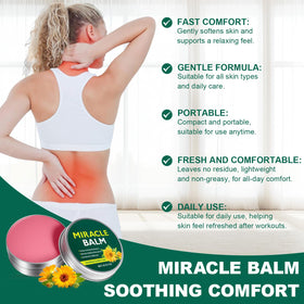 Akeeronn Miracle Balm label close-up listing Arnica, Calendula, and Vitamin E benefits