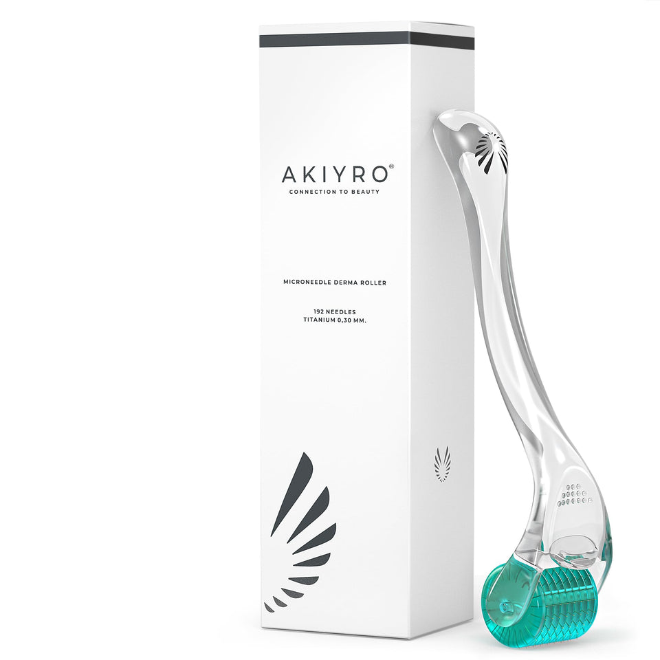 AKIYRO derma roller front view showing compact green roller and case for easy storage