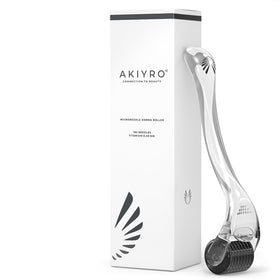 AKIYRO derma roller front view showing compact black design and portability