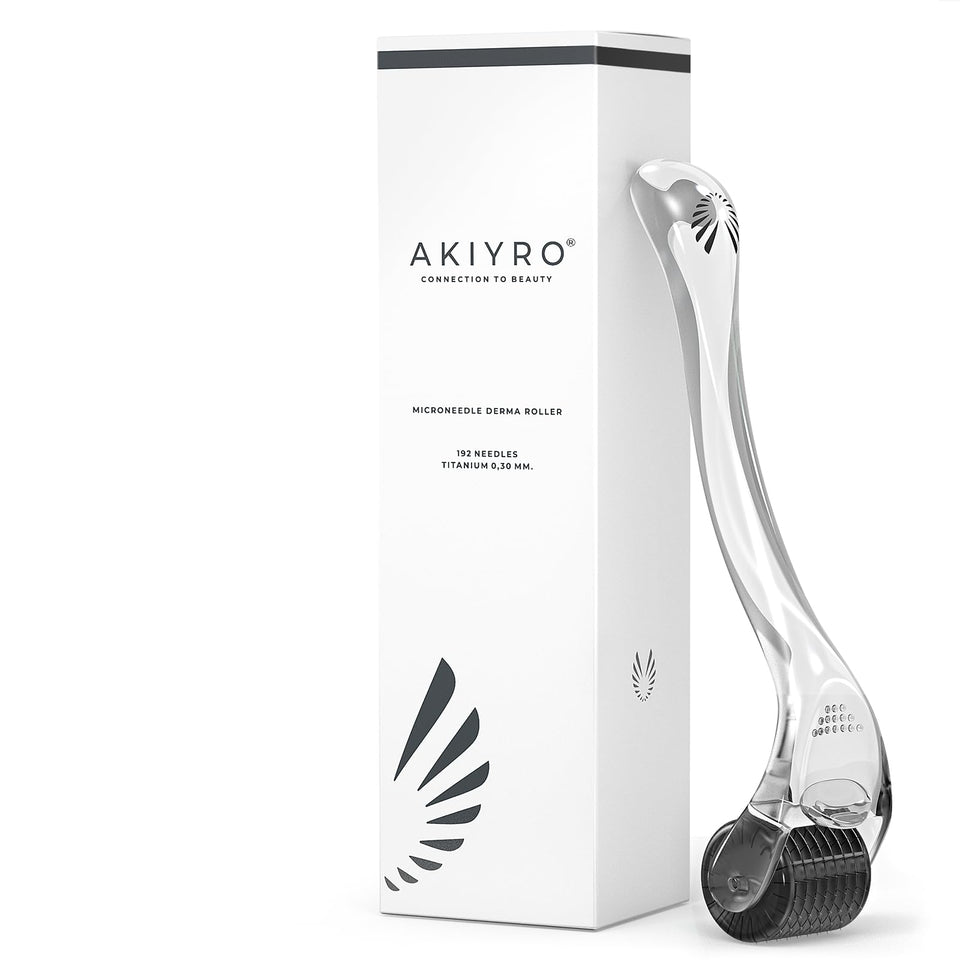 AKIYRO derma roller front view showing compact black design and portability