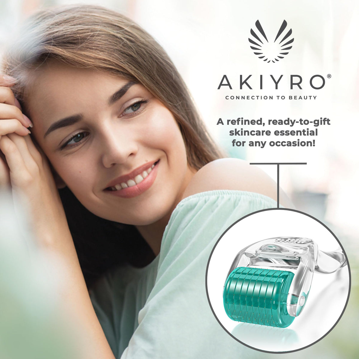 AKIYRO roller on bathroom counter with serum showing convenient daily skincare pairing