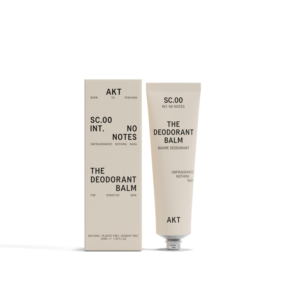AKT deodorant balm front packaging showing tube and branding, highlighting award-winning design
