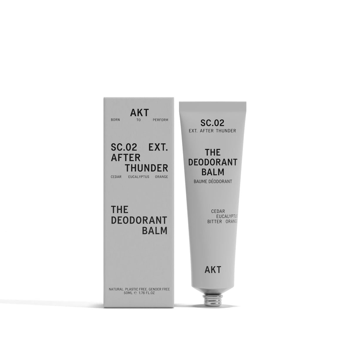 AKT deodorant balm front packaging showing tube and branding, clear product identity