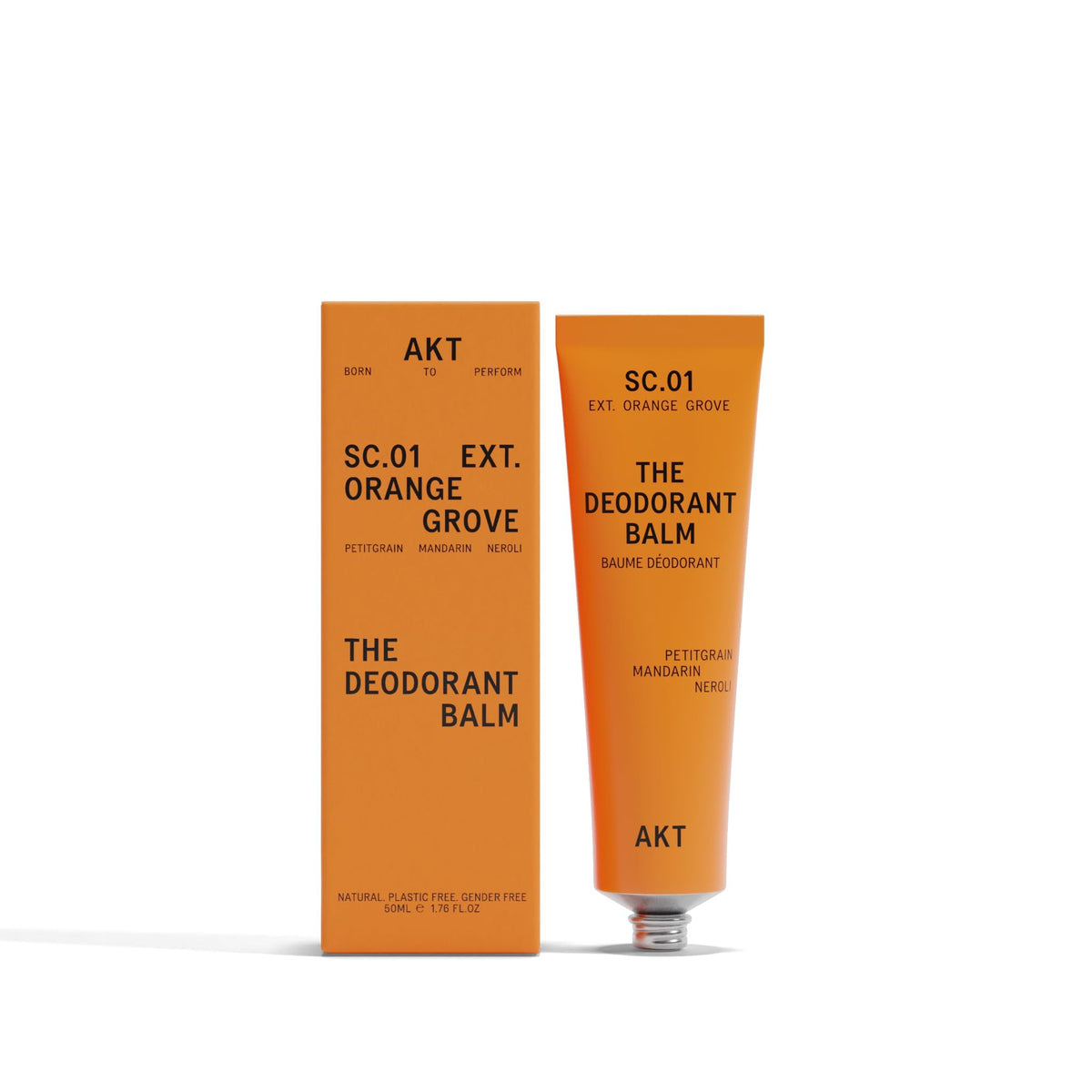 AKT front tube showing Orange Grove scent and eco-friendly packaging benefit