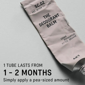 AKT deodorant balm open tube with balm on fingertip demonstrating easy targeted application