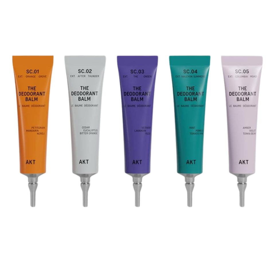 AKT discovery set front packaging showing five mini balms and eco benefits