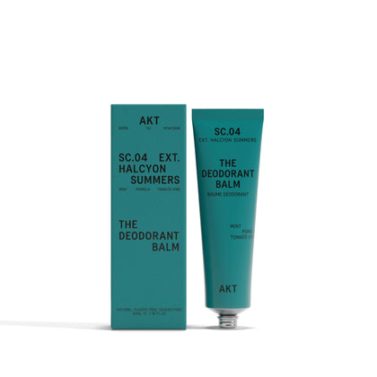 AKT front packaging showing Halcyon Summers scent and compact tube for travel convenience