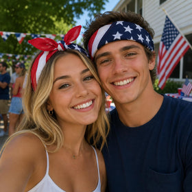 AKTVSHOW woman wearing bandana headband at parade for hands-free patriotic style