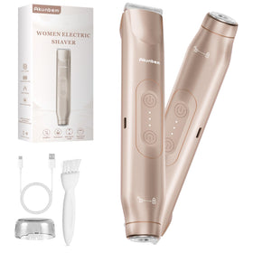 Akunbem bikini trimmer front view showing compact gold body and dual heads for precise grooming
