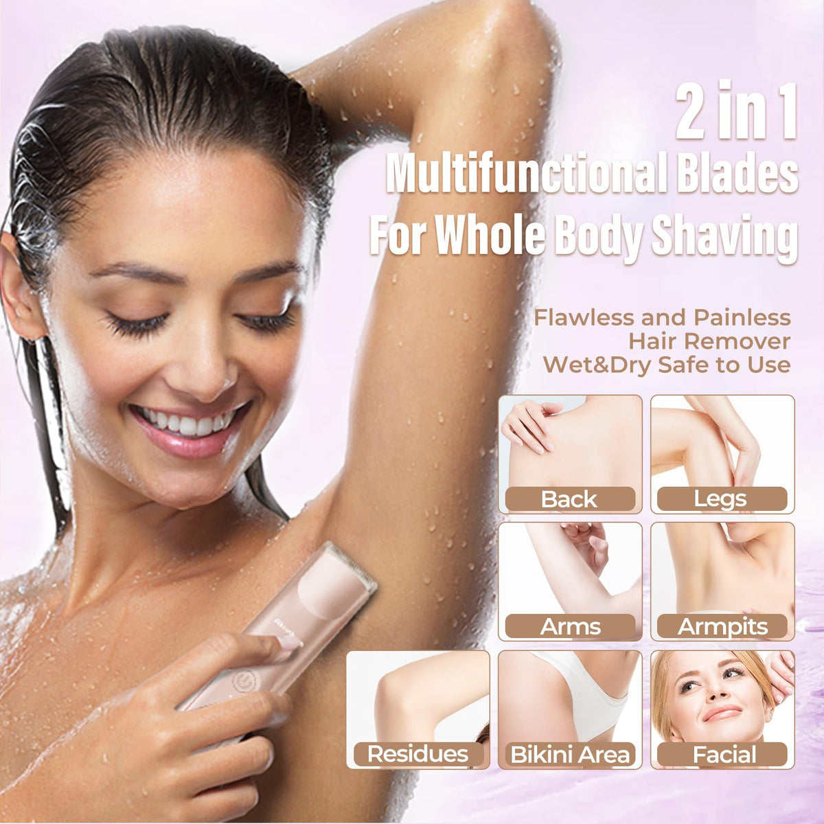 Akunbem trimmer in wet shower setting demonstrating IPX7 waterproof use and easy rinsing