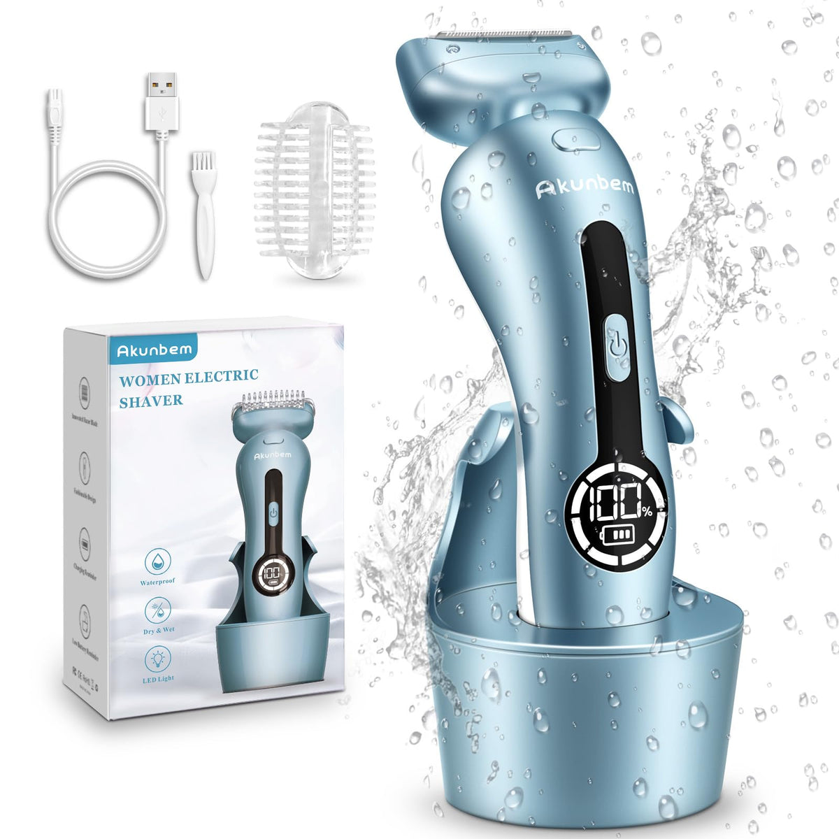 Akunbem front view of electric shaver showing ergonomic handle and blue finish for easy grip
