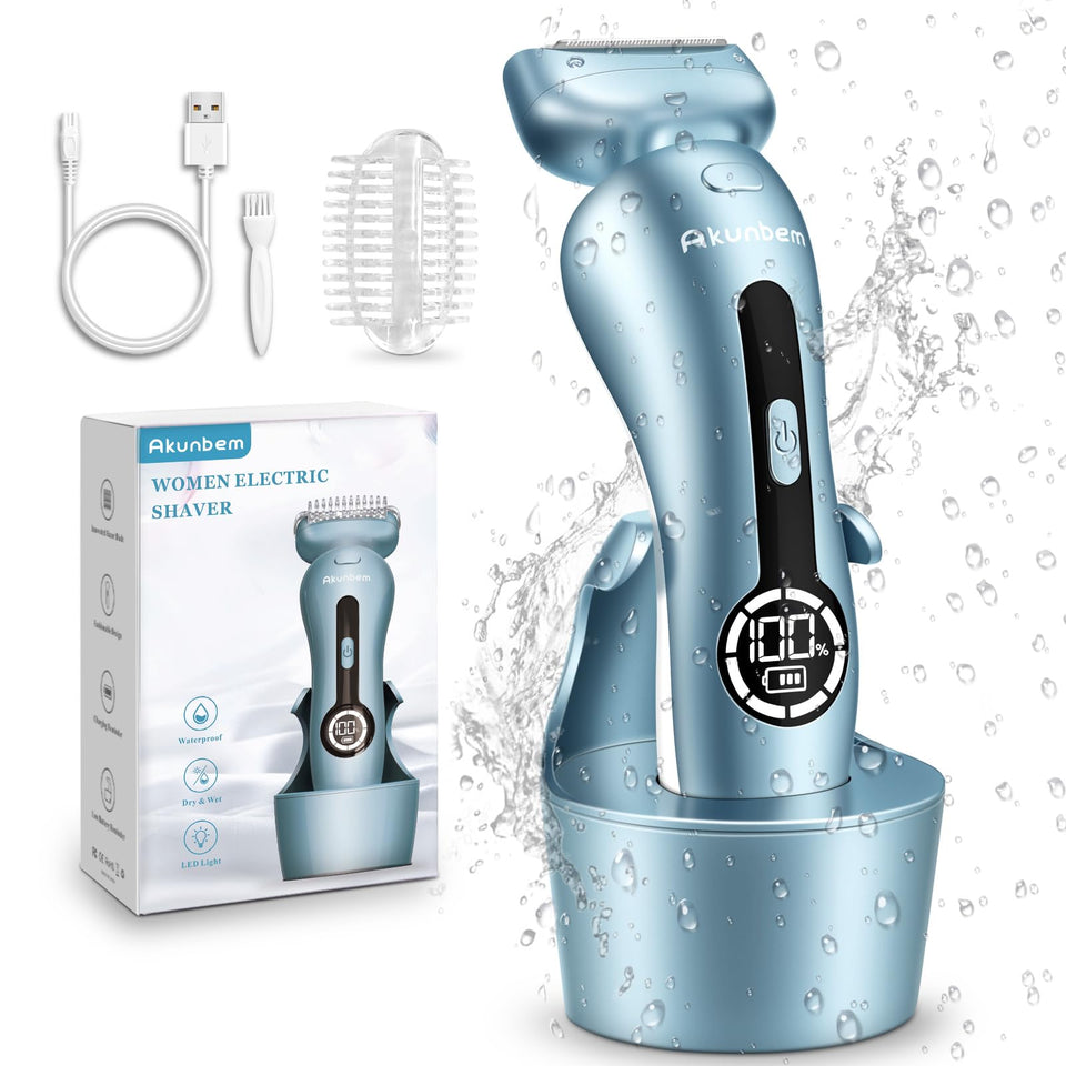 Akunbem front view of electric shaver showing ergonomic handle and blue finish for easy grip