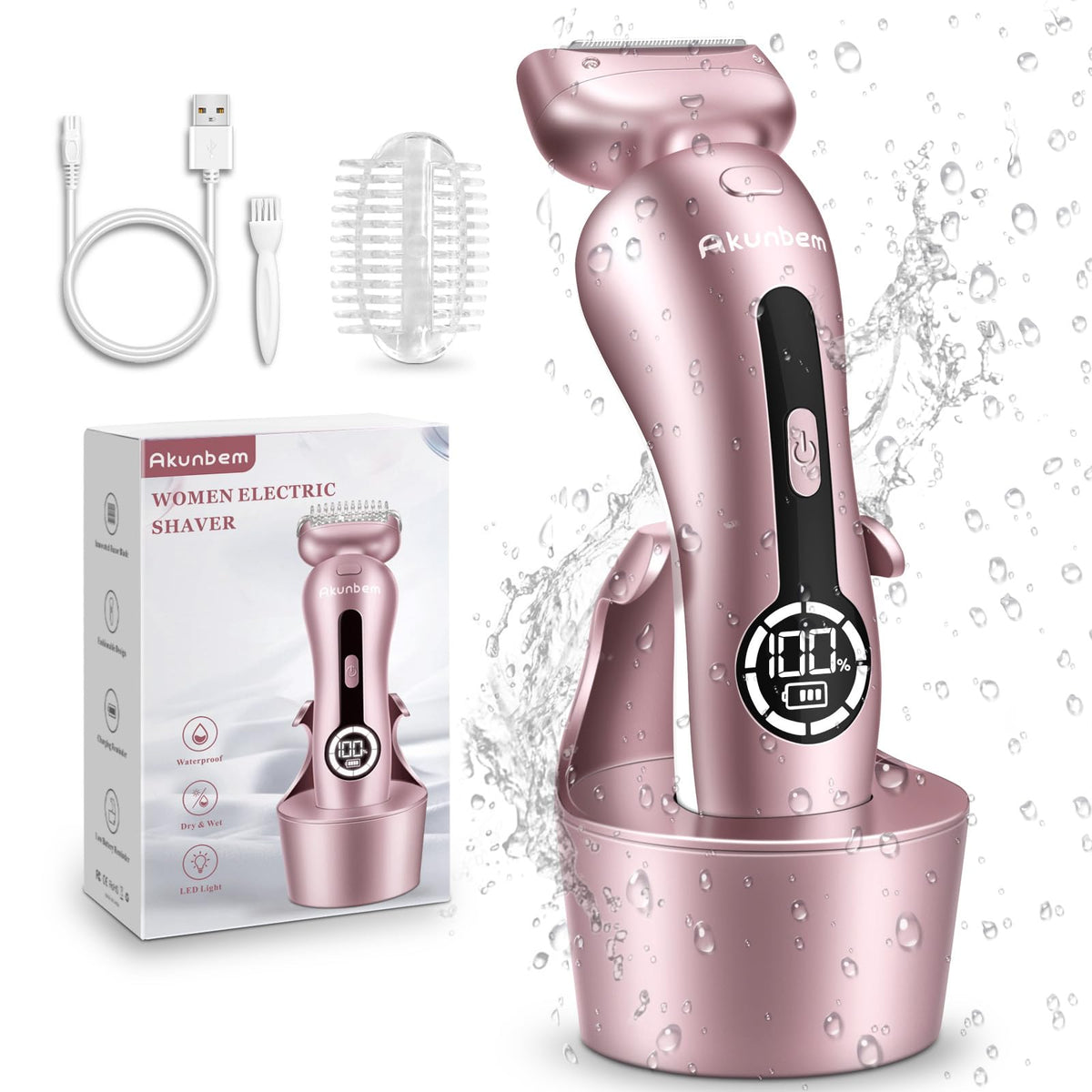 Akunbem front view of pink cordless shaver showing compact design and portability