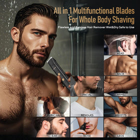 Akunbem trimmer in shower illustrating IPX7 waterproof cleaning benefit