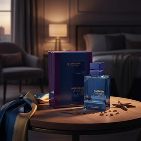 Al Haramain bottle in evening setting conveying sophisticated aura and date-night benefit