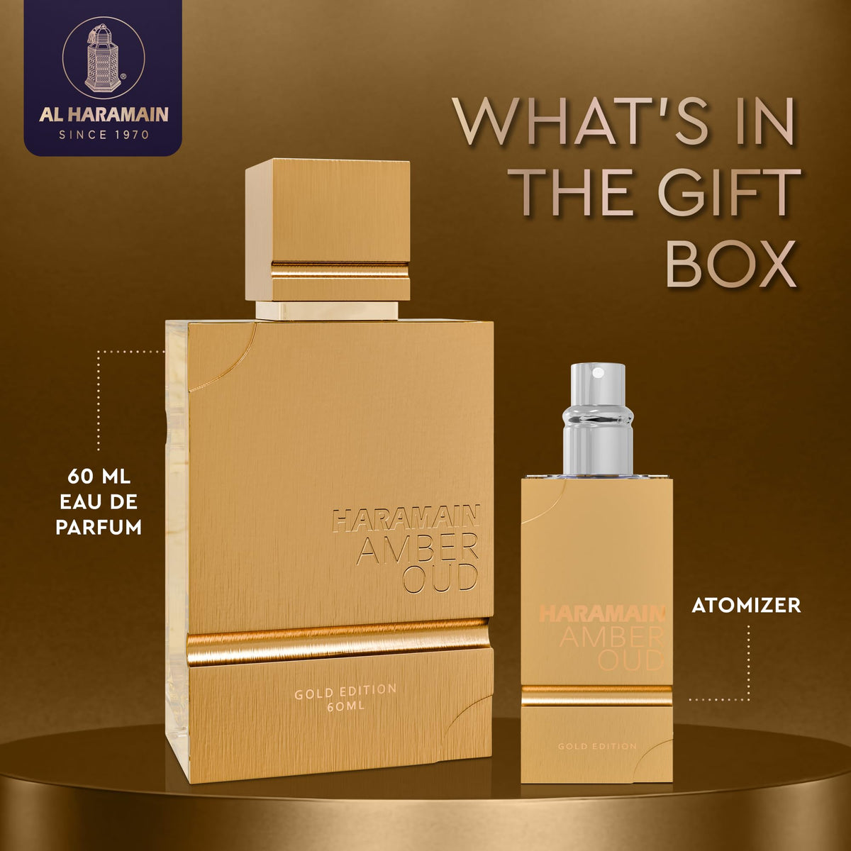 Al Haramain bottle beside refillable atomizer for convenient travel use