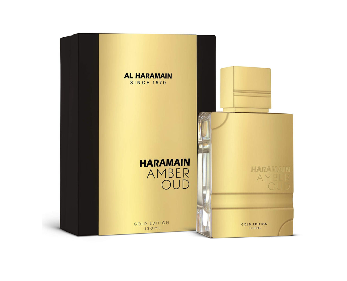Al Haramain bottle front view showing elegant gold finish and premium look