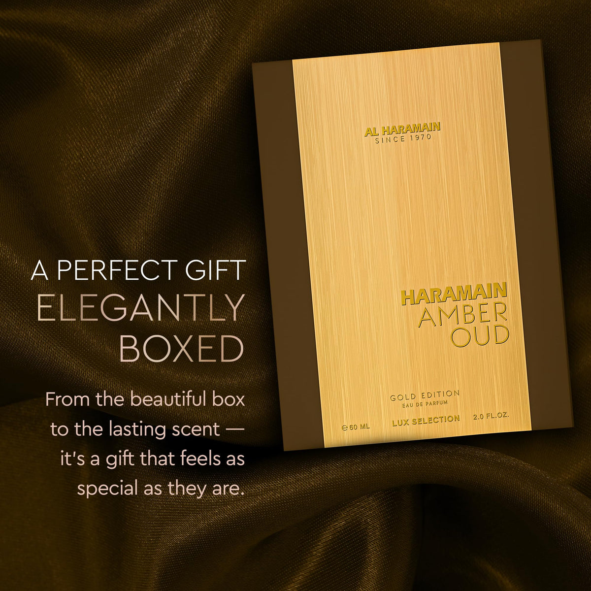 Al Haramain bottle on evening dresser setting suggesting sophisticated warm aroma